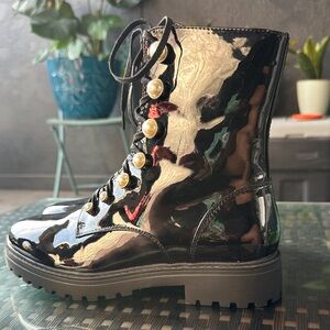 Elegant Black Patent Leather Combat Boots with Pearl Accents